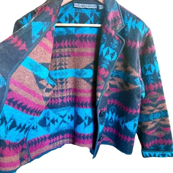 VTG Southwestern Navajo Aztec Wool Blend Jacket Blazer Short Teal Brown Black L - Picture 8 of 14